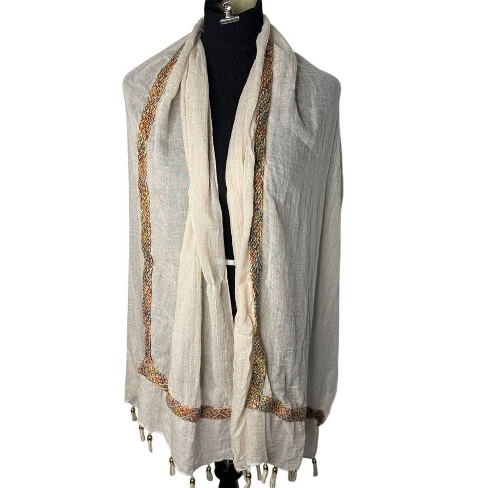 Boho Oversized Ivory Scarf Wrap Multicolor Braided Trim Tassels
